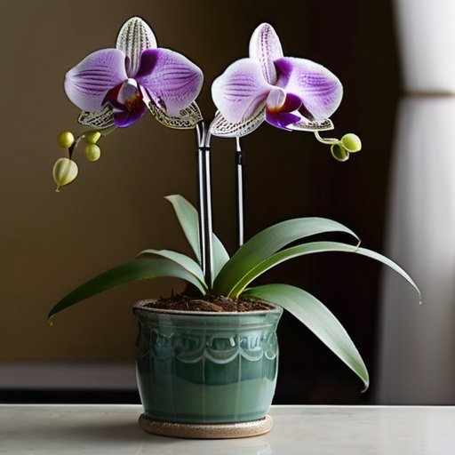 Орхидея с зелеными и желтыми листьями в светлом помещении, рядом с лейкой и термометром.