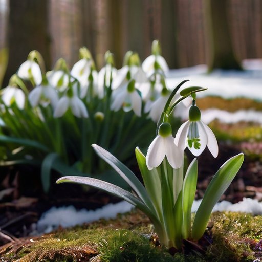 Весенний пейзаж с подснежниками на фоне снега и мягкого света.