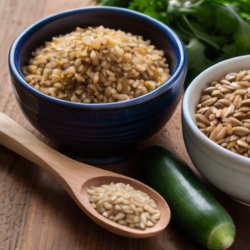 Деревянный кухонный стол с мисками спельты и булгура, свежими овощами и травами, деревянной ложкой и открытой кулинарной книгой.