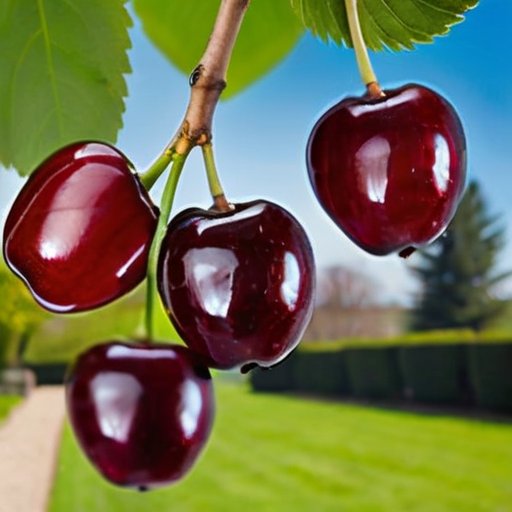 Обрезанный вишневый дерево в ухоженной саду с инструментами для обрезки и спелыми ягодами на фоне голубого неба.