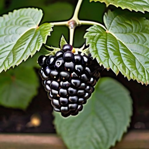 Ухоженный куст ежевики с зрелыми ягодами и садовыми инструментами на фоне сезонной листвы.