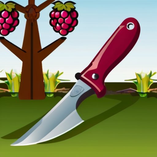 Иллюстрация ухоженного кустарника малины в саду с обрезанными летними и яркими remontant побегами, рядом садовые инструменты и сезонные элементы.