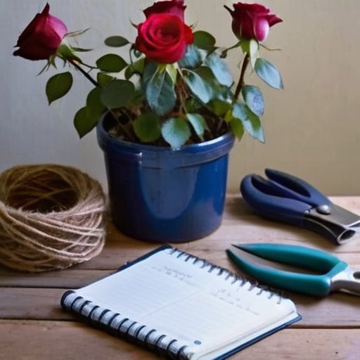 Организованный стол для садоводства с инструментами для обрезки роз: секатор, перчатки, садовый шнур, маленькая лопата, горшок с черенками, блокнот с замет