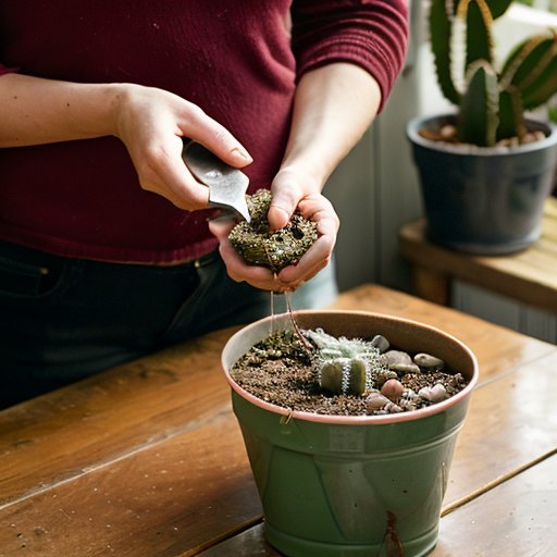 Пересадка рождественского кактуса в новый горшок с инструментами на фоне светлого интерьера.