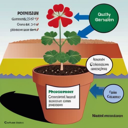 Яркий герань в терракотовом горшке, окруженный органическими удобрениями, с указанием ключевых питательных веществ. Солнечный сад на фоне.
