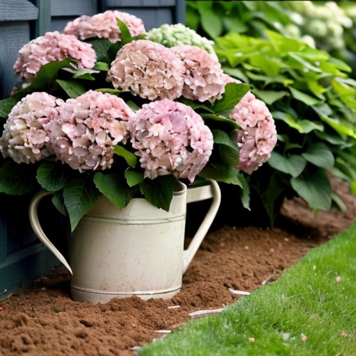 Цветущий сад с гортензией, разнообразными цветами и садовыми инструментами.