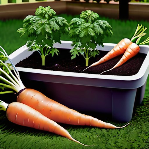 Садовый участок с здоровыми морковными растениями, удобрениями и инструментами.