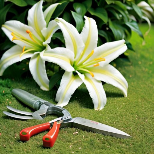Солнечный сад с яркими лилиями и аккуратными стеблями, рядом садовые ножницы.