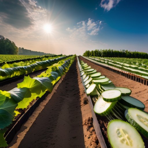 Упорядоченный огуречный сад с вертикальными шпалерами, солнечным светом и созревающими огурцами.