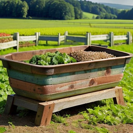 Яркая ферма с кормами для кур: зерно, семена, зелень и насекомые в деревянном кормушке на фоне зеленого пастбища и голубого неба.