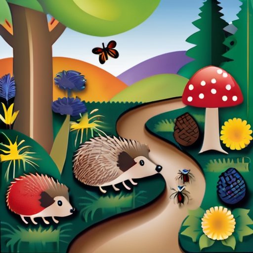Сочный сад с съедобными растениями, фруктами, ягодами и насекомыми, отражающий разнообразие питания ежей и смену сезонов.