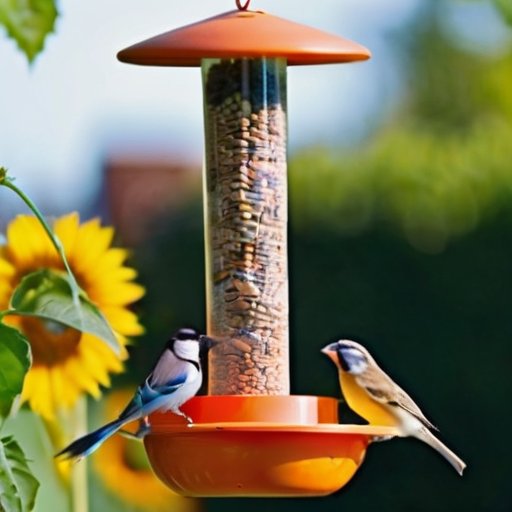 Кормушка для птиц с семенами, окруженная зеленью и фруктами.