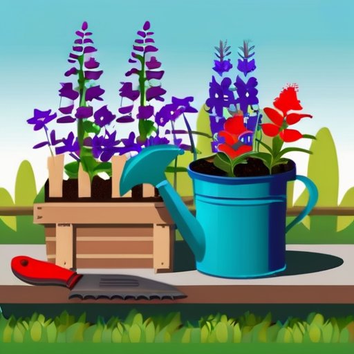 Яркий сад с цветущими сальвиями, семенными пакетами и садовыми инструментами.