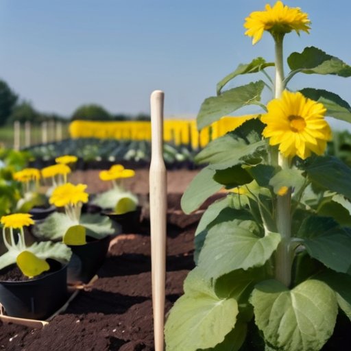 Сочный огород с рядами здоровых огурцов, темная почва, зеленые листья, желтые цветы и ясное небо.