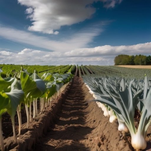 Сельский сад с зрелым чесноком, инструментами и ясным небом.
