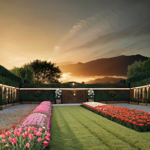 Спокойный сад с яркими гладиолусами, садовые инструменты на переднем плане.