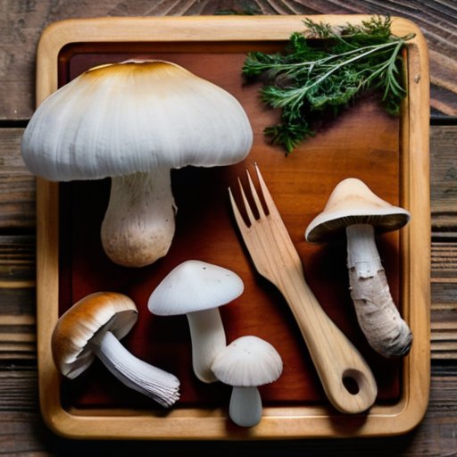 Деревянная кухонная столешница с разнообразными свежими грибами и разделочной доской.