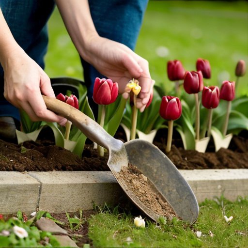 Сцена в саду: процесс выкапывания тюльпанов с частично открытыми луковицами и инструментом рядом.