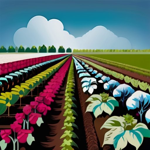 Сад свеклы с аккуратными рядами растений, поливочная канистра и капельное орошение на фоне ясного неба.