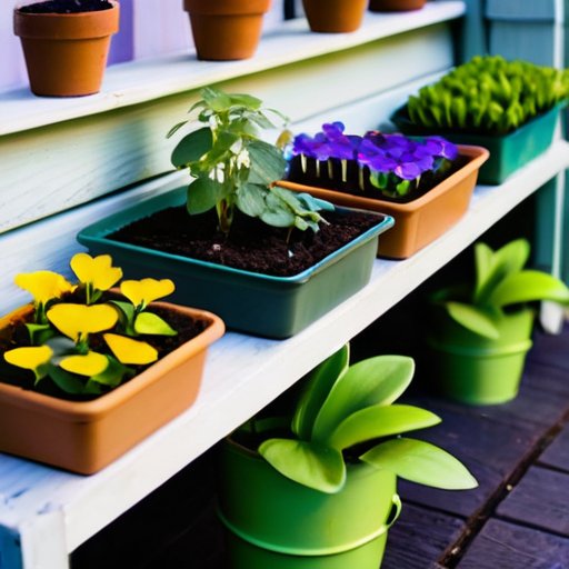 Сцена яркого сада с trays семян виолы, контейнерами с почвой и садовыми инструментами на фоне солнечного неба.