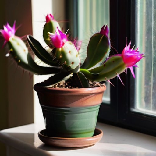 Яркая сцена с indoor-садом: цветущий декабрист в горшке, удобрения, лейка, перчатки и блокнот с советами по уходу.