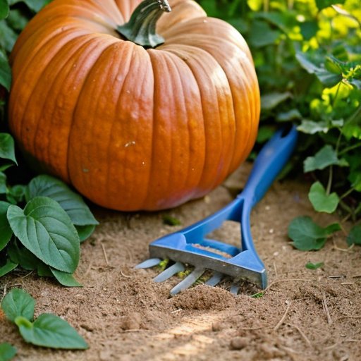 Яркий тыквенный участок в солнечном саду с зелеными листьями и аккуратными рядами.