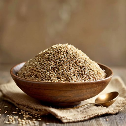 Деревянный стол с мисками золотого проса: сырые зерна, вареное просо и каша. Естественные элементы, такие как колоски пшеницы и свежие травы, создают