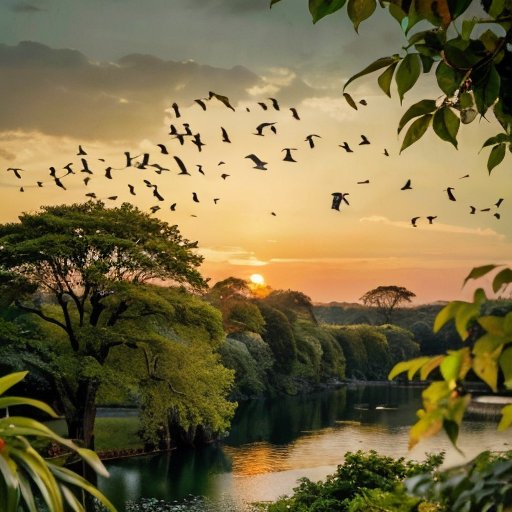 Спокойный природный пейзаж с птицами с ярко-желтыми грудками на ветках среди зелёной листвы и закатом на фоне.