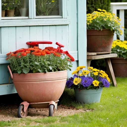 Цветущий сад с яркими цветами ракункула, садовыми инструментами и ухоженной территорией под ясным небом.