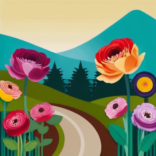 Яркий сад с цветущими рануколюсами, аккуратные грядки, яркое небо.