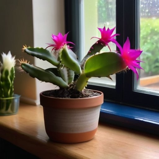 Цветущая рождественская кактус в ярком интерьере с рассадой и поливочным ковшом.