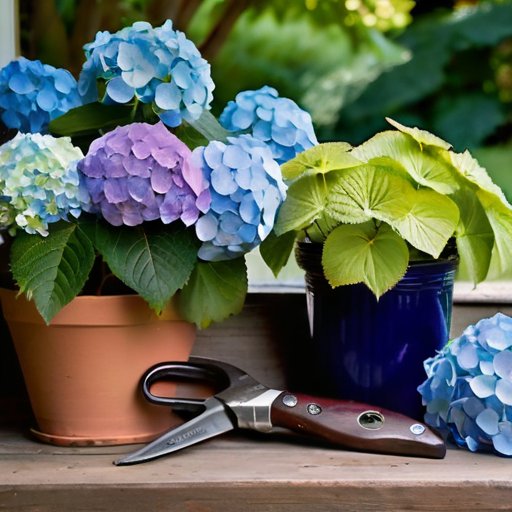 Сад с цветущими гортензиями, садовые инструменты на столе, мягкий солнечный свет.