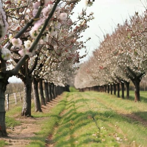 Спокойный яблоневый сад весной с молодыми деревьями, цветами и инструментами для прививки.