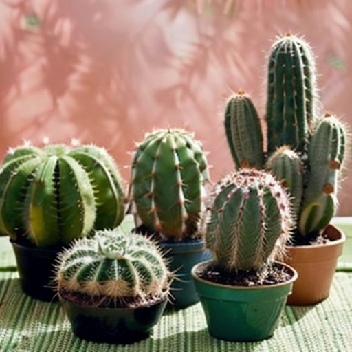 Сад кактусов с разнообразными растениями, инструментами для размножения и солнечным светом.