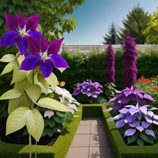 Цветущий сад с различными видами клематисов, яркие цвета, семенные коробочки, черенки в горшках и процесс деления растений на фоне солнечной природы.