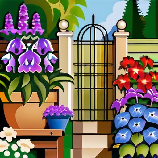 Яркий сад с вьющимися клематисами, цветами и садовыми инструментами.