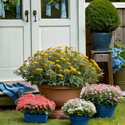 Спокойный сад с здоровыми ветвями туи, инструментами для размножения и цветущими растениями на фоне ясного неба.