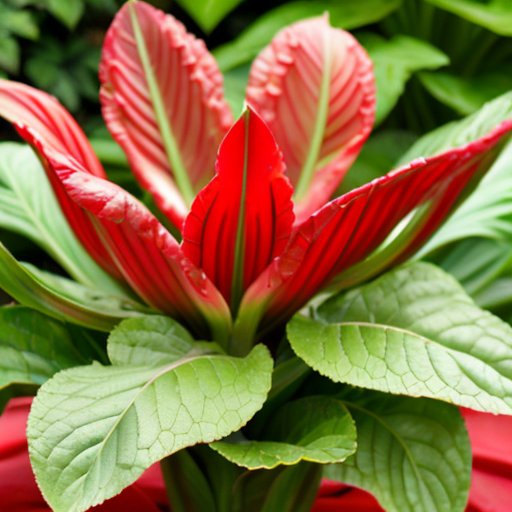 Яркий ревень с большими зелеными листьями и красными черешками на фоне деревенского сада с инструментами и растениями.