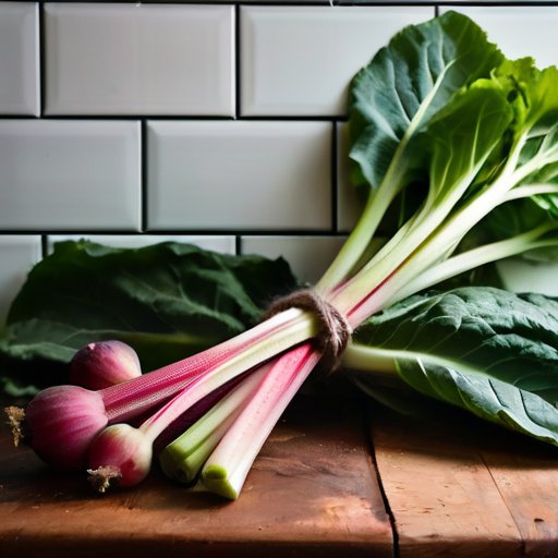 Яркий ревень с толстыми красными черешками и большими зелеными листьями на rustic деревянном столе, рядом старая нож и чаша с нарезанным ревенем.