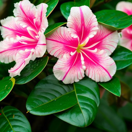 Сад рододендронов с яркими цветами, зелеными листьями и ухоженной дорожкой.