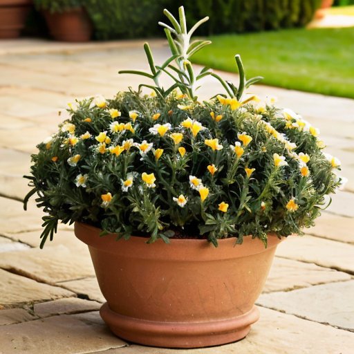 Здоровый розмарин в солнечном саду в терракотовом горшке.