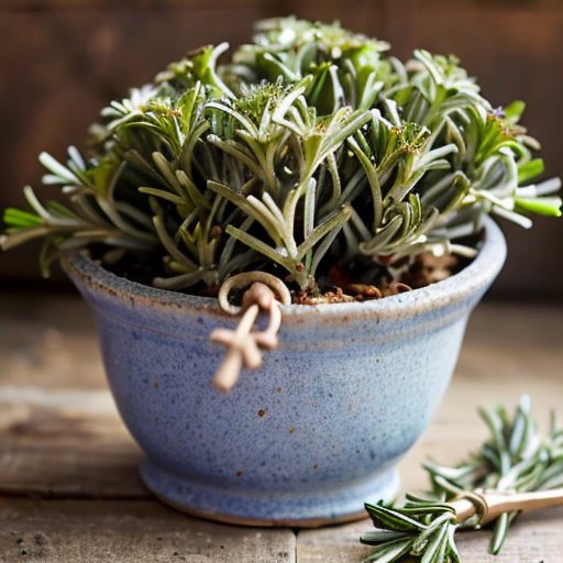 Цветущий розмарин на фоне деревянной поверхности с глиняным горшком.