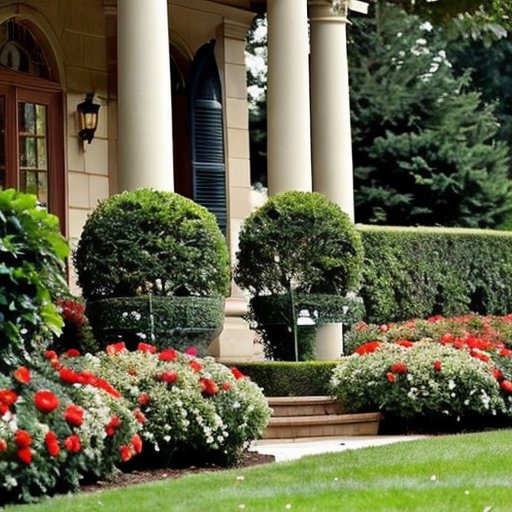 Красиво оформленный сад с яркими цветущими розами, каменными дорожками и зелеными насаждениями.