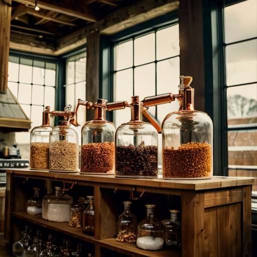 Домашняя дистилляция: медная перегонка, ингредиенты и инструменты на деревянном столе.