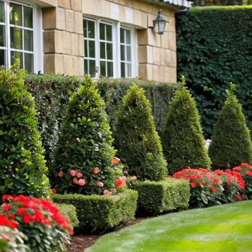 Ухоженный сад с топиарными формами из самшита, аккуратные живые изгороди и каменные дорожки.