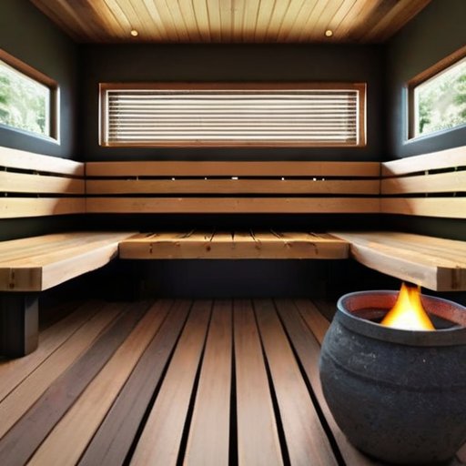 Сауна с деревянными скамьями, каменным обогревателем и атмосферой уюта.