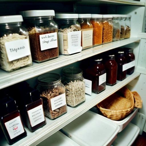 Упорядоченная полка с банками сушеных грибов, четкие ярлыки, гигрометр и термометр, защищенная от света.