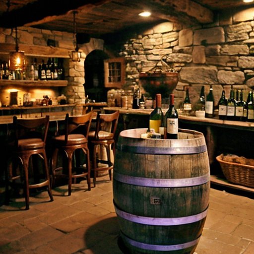 Сцена домашнего виноделия: бочка, стеклянная колба, бутылки, инструменты и свежие виноград.