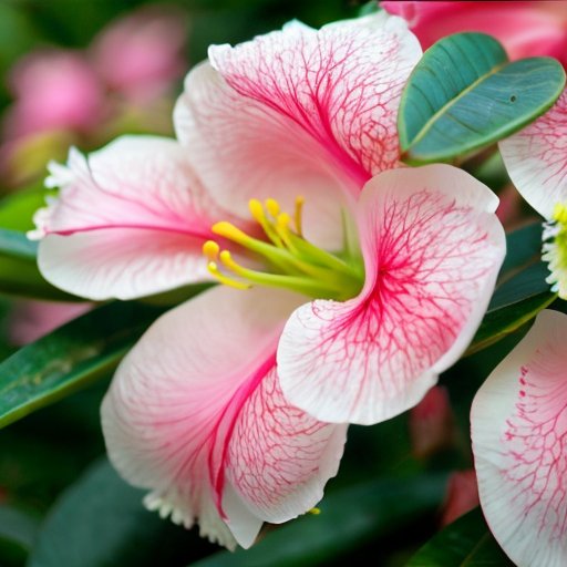 Яркий сад с цветущими рододендронами разных видов и цветов на фоне зелёной листвы.