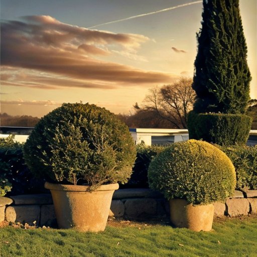 Солнечный сад с зелеными туями, свежей почвой и инструментами для ухода.